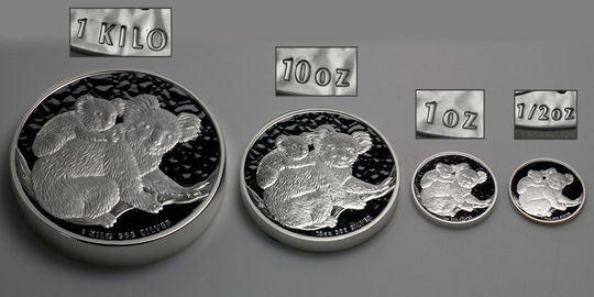 Die 1/2oz Koala Silbermünze im Vergleich zu 1oz, 10oz und 1 Kilo